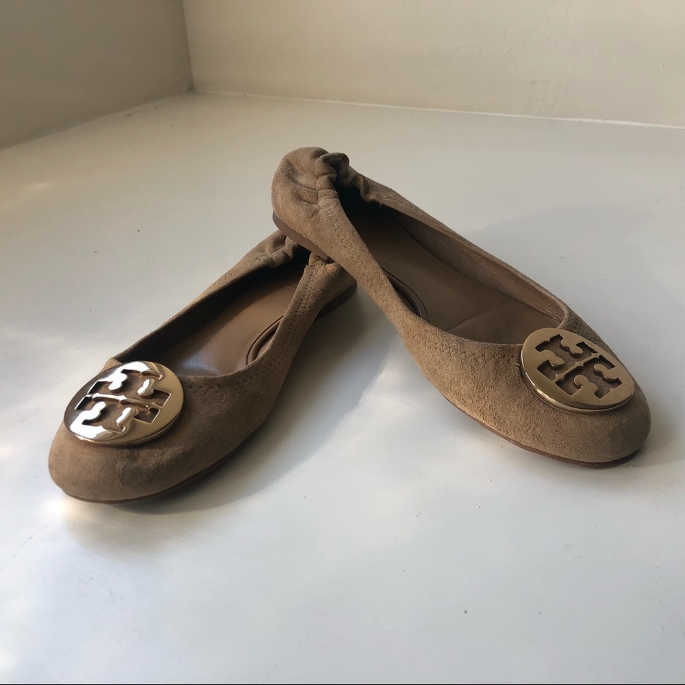 Tory Burch Reva Camel Suede Flats